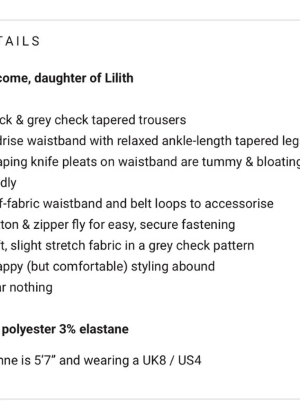 Disturbia Lilin Black and Gray Tapered Plaid Trousers size 8 - Picture 5 of 5